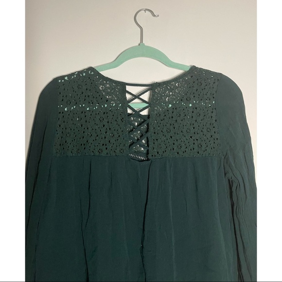 3/$30 Dark Green Crochet Yoke Lattice-Trim Blouse - Picture 4 of 4